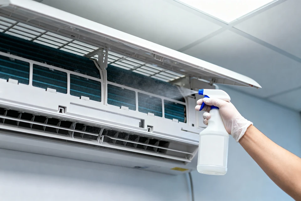 Technicien en gants noirs effectuant la maintenance d'une unité extérieure de climatisation